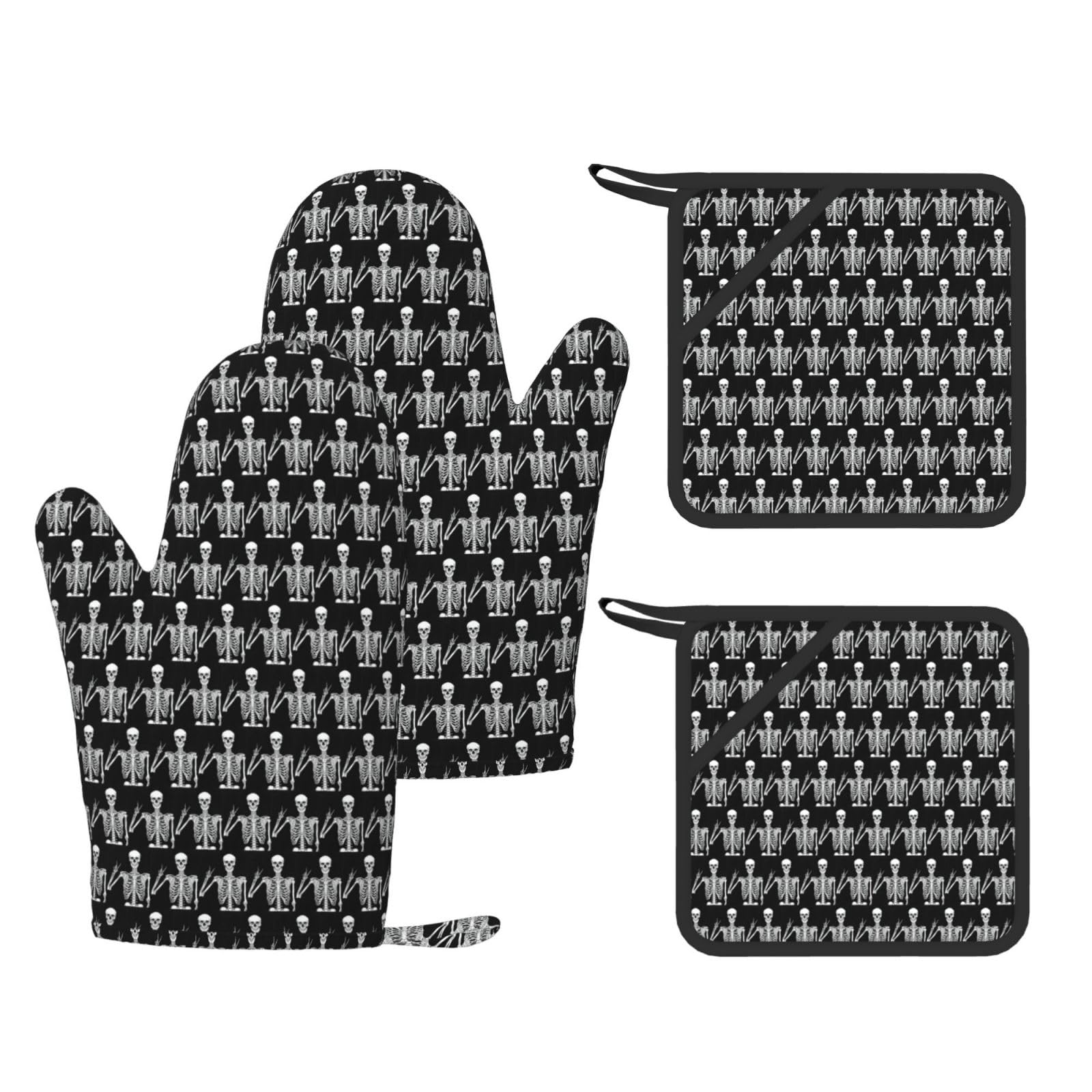 Skull Printed Potholder and Oven Mitt Set of 4, High Heat Resistant Cooking Gloves for BBQ Grilling