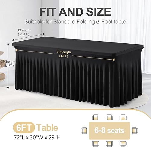 Miniatura 4 de Paquete de 6 faldas de mesa negras de elastano para mesas rectangulares de 6 pies, mantel plegable elástico negro para bodas, fiestas de cumpleaños,