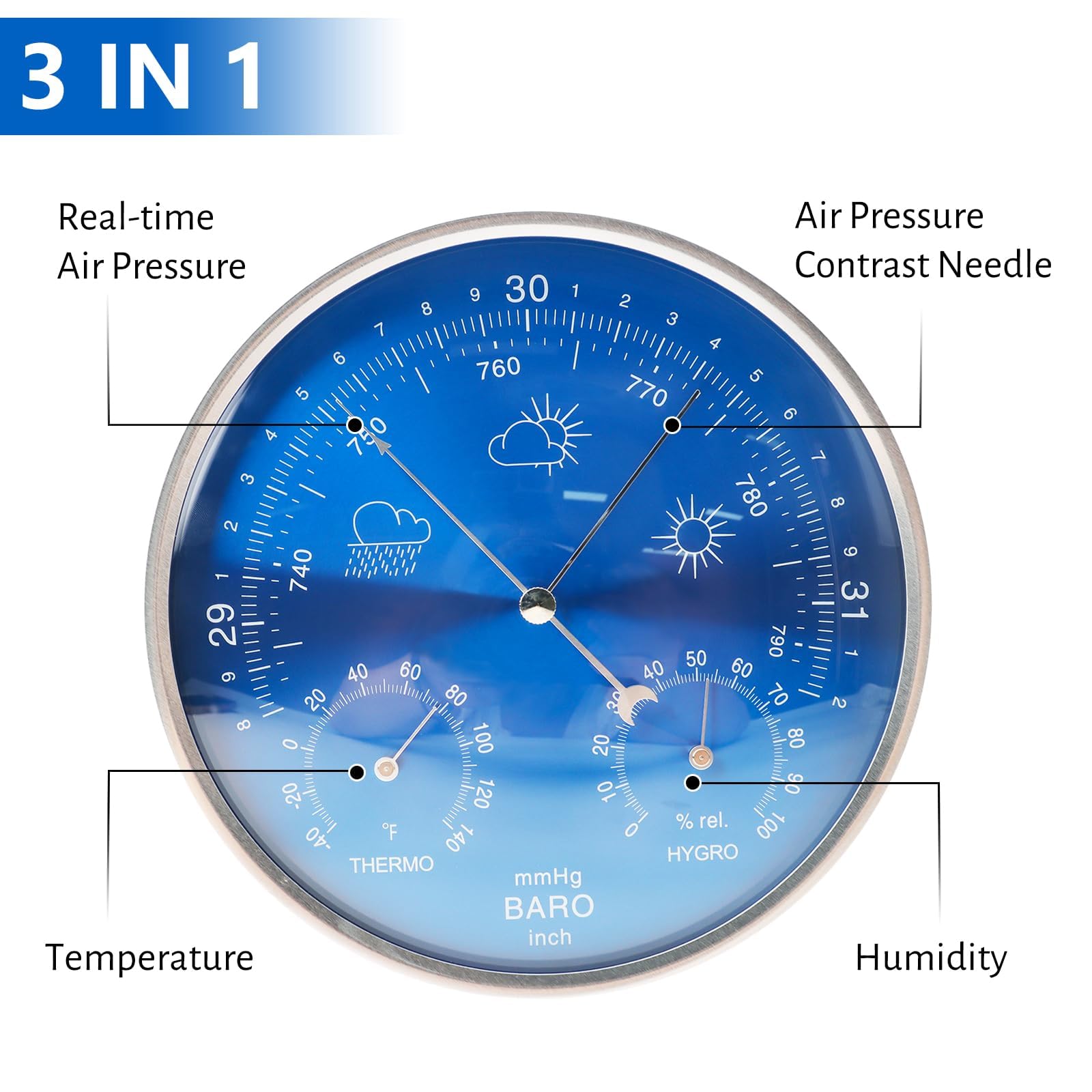 3 w 1 analogowa stacja pogodowa z tarczą 7 cali, termometr ścienny, higrometr, barometr z automatyczną kalibracją, manometr ciśnienia atmosferycznego, monitor klimatu wewnętrznego i zewnętrznego, st