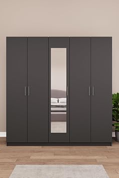 ASRA TREND Koyu Gri G-04 5 Kapakl  2  ekmeceli Aynal  Gard rop 200x208 cm  ok Rafl  Ask l kl  Elbise Dolab  Modern Yatak Odas  Dolab %100 MDFLAM
