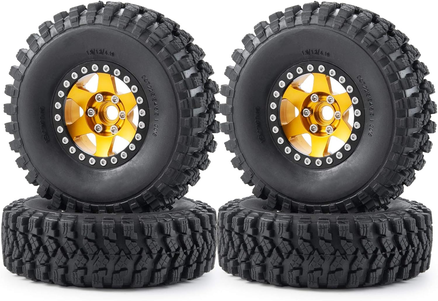 4 Pcs 106mm Rubber Tires 1.9" Wheel Rim Set Aluminum Alloy Metal Bead Lock Design for 1/10 AXIAL SCX10 CC01 Truck RC Crawlers Cars (Yellow+Black)