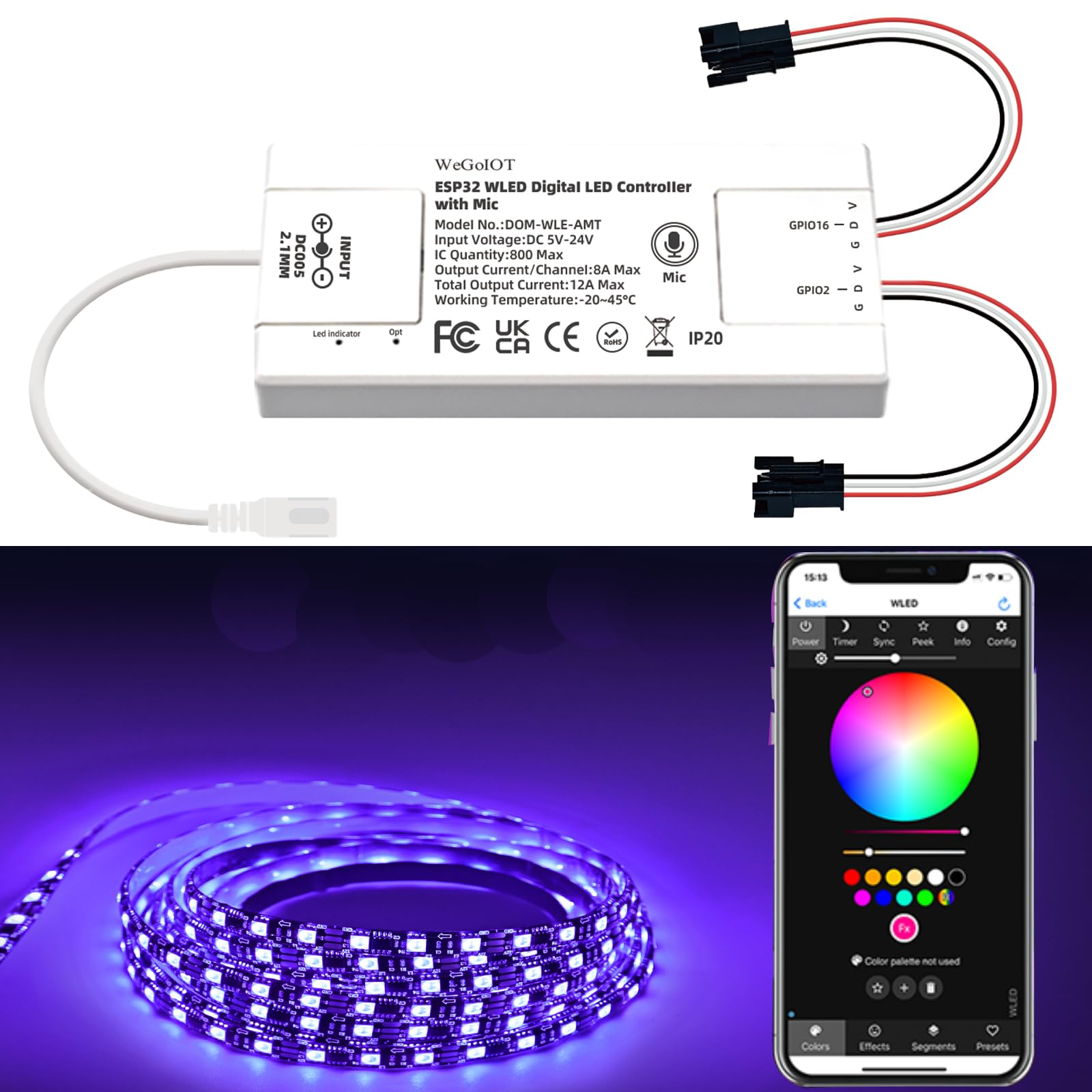 WeGoIOT ESP32 Ultra-Thin WLED Digital Light Strip Controller with Mic Sound Mode DC5-24V RGB IC Digital Dynamic Light WS2811 WS2812B SK6812 SM16703P Flexible DIY FCOB Addressable LED Strip