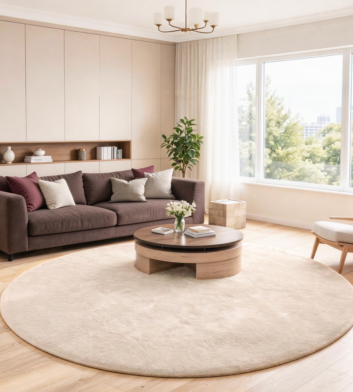 ROHATIM Teppich Rund 90 cm Beige, Flauschiger Kunstfell Teppich in Kaninchenfell-Optik, Ultraweich & rutschfest, Waschbares Deko-Fell für Wohnzimmer und Schlafzimmer