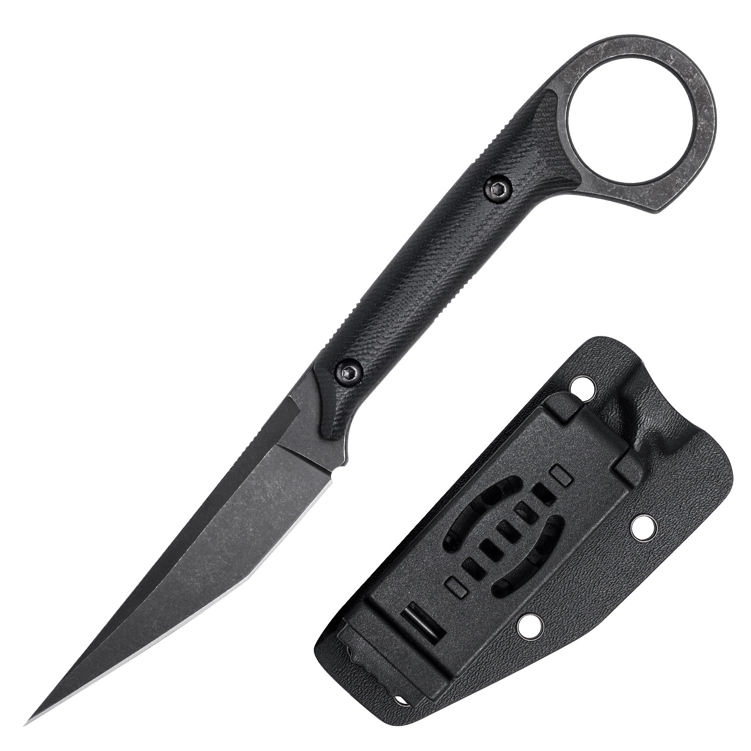 OOULORE Fixed Blade Knife, D2 Steel Blade and G10 Handle, Utility EDC Knife for Outdoor Survival Hiking Camping with Kydex Sheath OS1221 (Black)