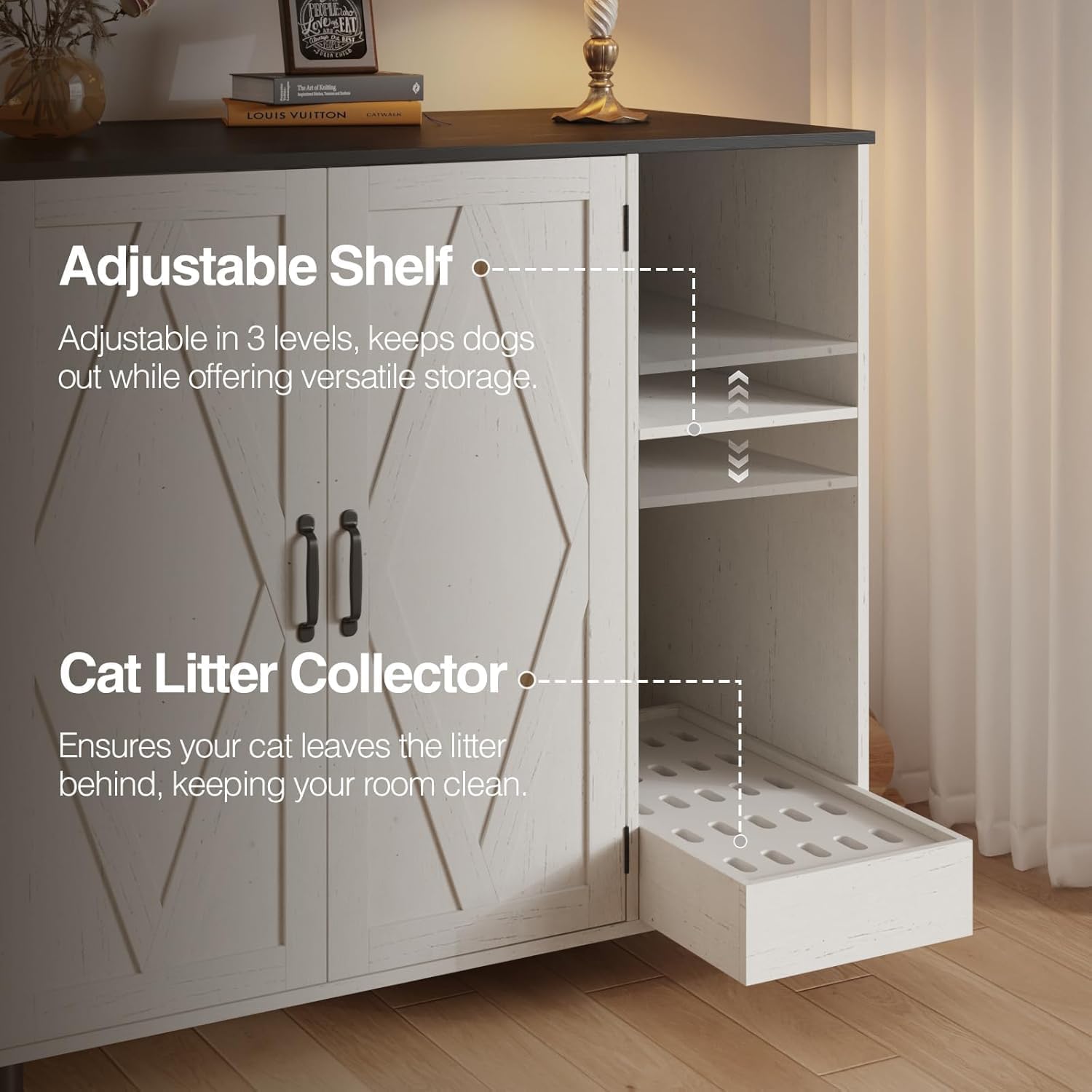 Large Litter Box Enclosure with Litter Collector & Dog-Proof Shelf, Cat Litter Box Furniture for Automatic Litter Box & Cat Robot 3/4, Enclosed Litter Box Cabinet, Side Table, White