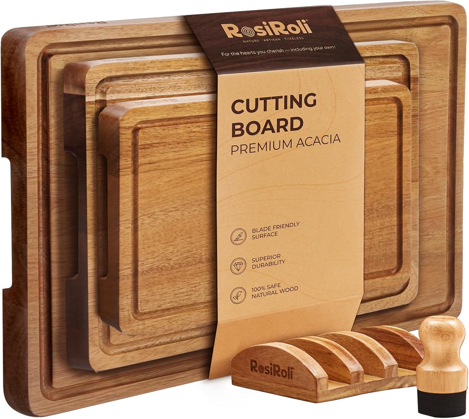 Acacia Wood Cutting Board for Kitchen, Set of 3 - Durable Thick Chopping Boards with Juice Grooves & Handles for Prep & Serving, Impressive Gift for Housewarming, Christmas, and Home Chefs