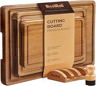 Acacia Wood Cutting Board for Kitchen, Set of 3 - Durable 1" Thick Chopping Boards with Juice Grooves & Handles for Prep & Serving, Impressive Gift for Housewarming, Christmas, and Home Chefs