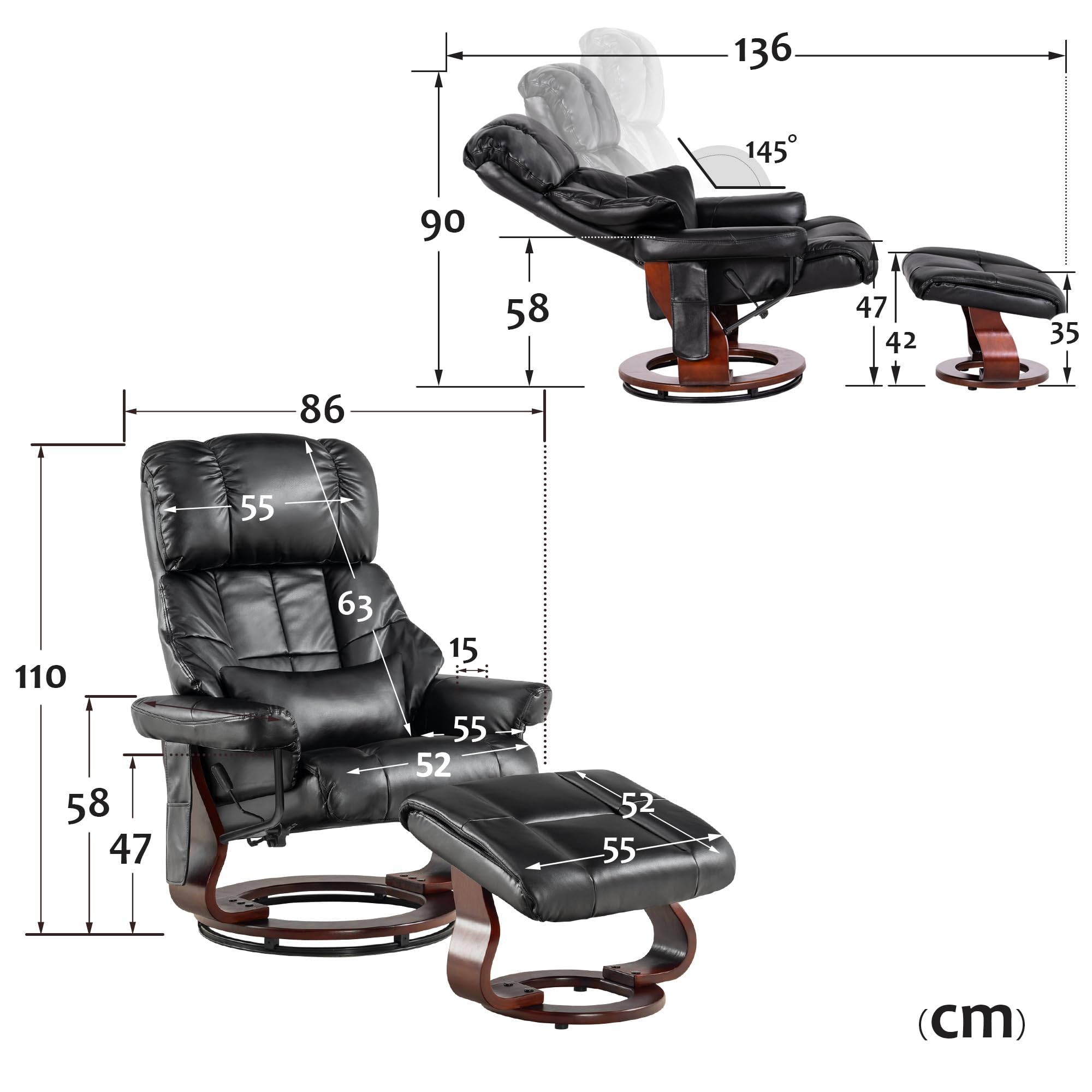 M MCombo 9068 Fauteuil de Massage, Fauteuil de télévision, avec Poche latérale, pivotant à 360°, avec Fonction de Couchage, pour Le Salon, Similicuir (Noir)