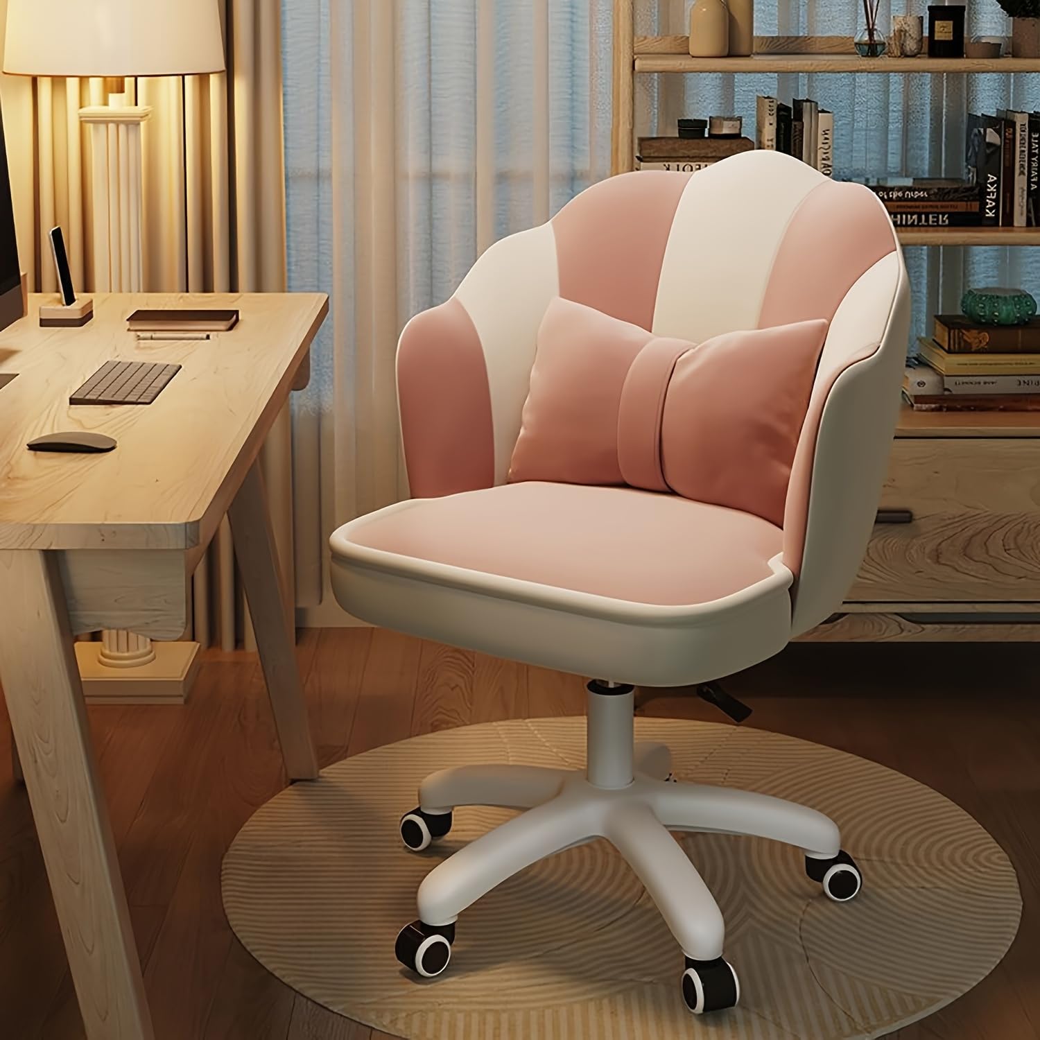 Office Chair Cute Petal Desk Chair, Home Office Chair Swivel Upholstered Leather Desk Chair, Ergonomic & Comfortable, Height Adjustable for Home, Beauty & Gaming (Pink And White)