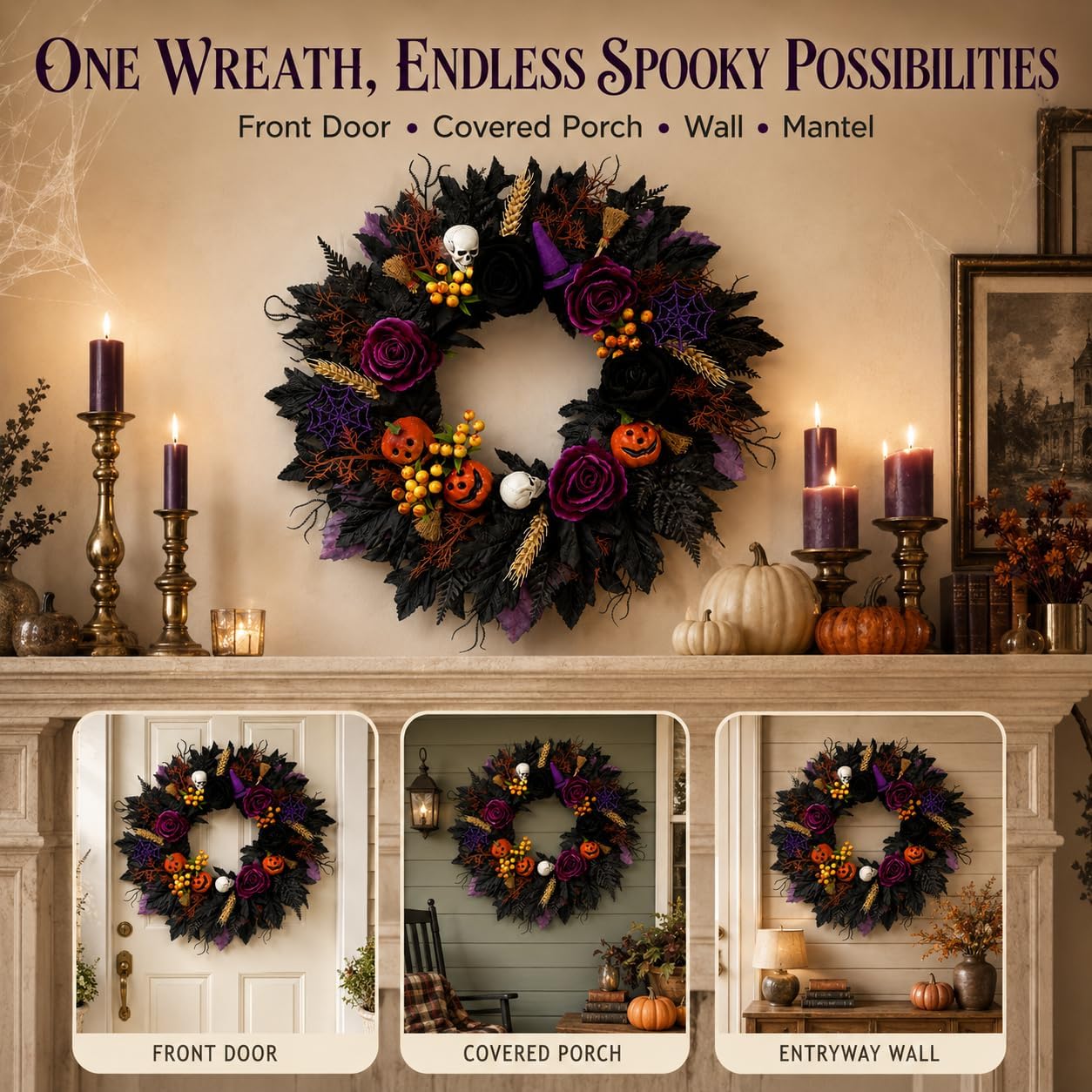 24Inch Halloween Wreath for Front Door, Black Gothic Spooky Outdoor Décor
