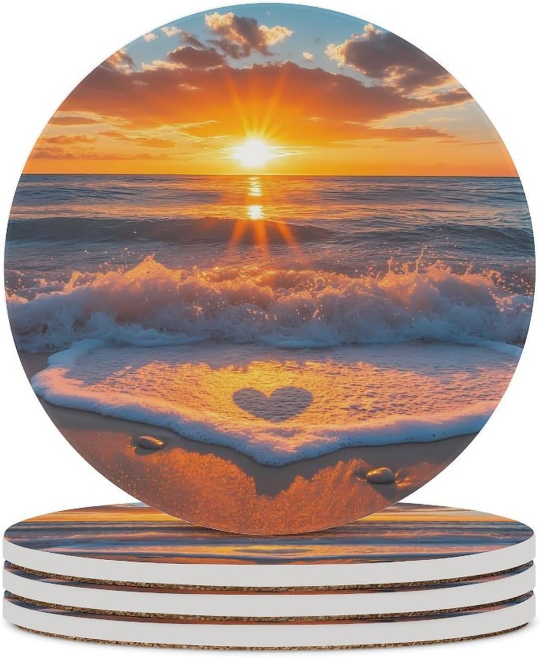 Sunset Over The Ocean Love Round Ceramic Coasters Print Drinks Absorbent with Cork Base for Home Decor Gifts 4 Inch