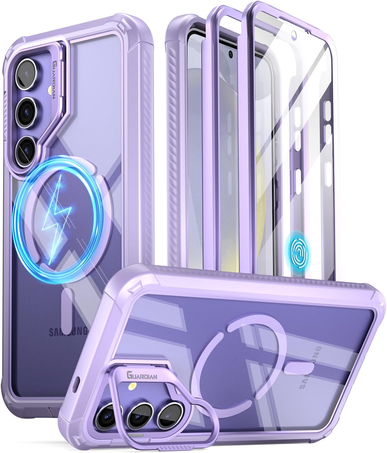 Poetic Guardian Case for Samsung Galaxy S24 6.2", [Built-in Camera Stand] [Screen Protector Work with Fingerprint ID] Full Body Shockproof Protective Rugged Clear Cover, Purple/Clear