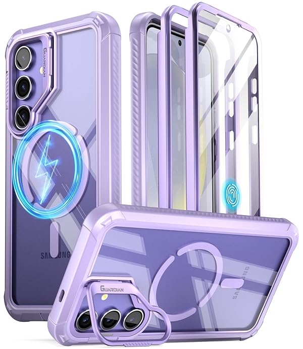 Poetic Guardian Case for Samsung Galaxy S24 6.2", [Built-in Camera Stand] [Screen Protector Work with Fingerprint ID] Full Body Shockproof Protective Rugged Clear Cover, Purple/Clear by Poetic - Used condition - US$20.81