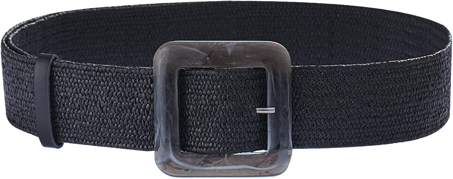 FAN&LOUIS Women's Elastic Straw Woven Stretch Waist Belt for Dresses Jeans Pants Black Fits waist size 33"-42"