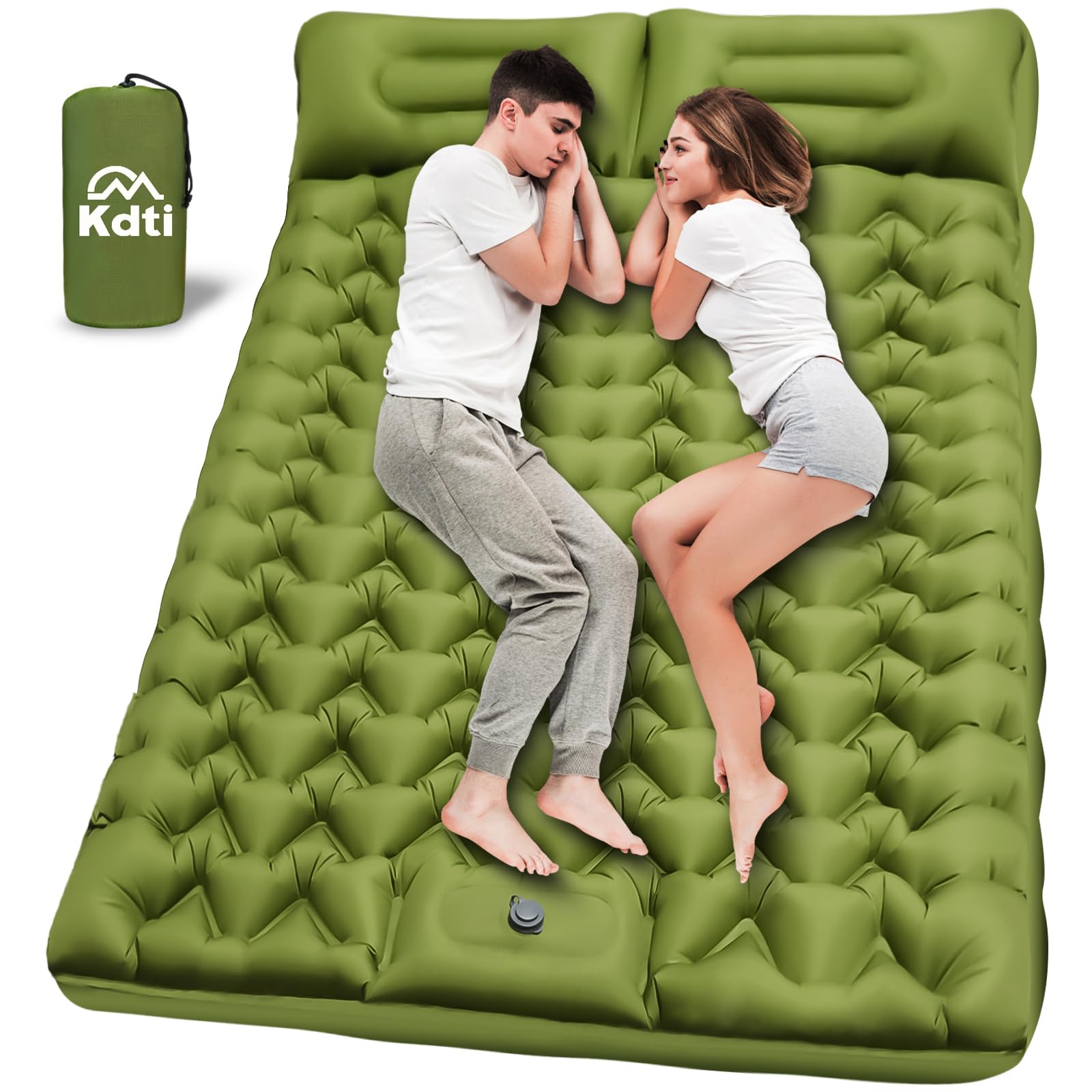Kdti Double Inflatable Sleeping Pad for 2 Person - Ultralight Air Mattress with Built-in Foot Pump, Durable Waterproof Camping Pad for Couples, Backpacking, Hiking (Green)