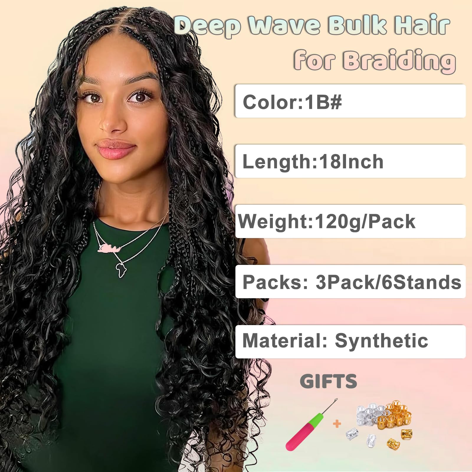 Deep Wave Bulk Hair for Braiding 18 Inch No Weft Deep Wave Bundles Curly Braiding Hair Extensions for Boho Braids and Wavy Braiding Hair 2 Braids per Pack (1B - Image 2
