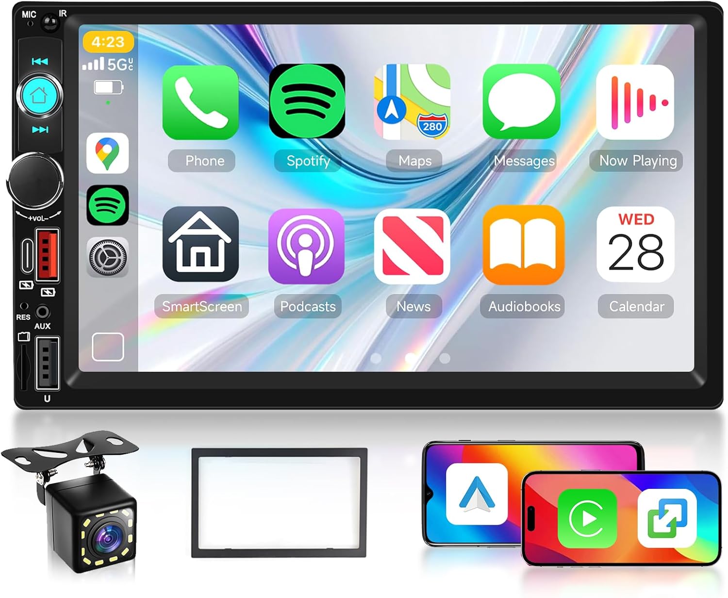 Hodozzy Car Radio 2 DIN with Wireless CarPlay Android Auto, 7 Inch Touch Screen Car with Bluetooth Video Playback MirrorLink/SWC/FM EQ USB AUX Type-c, Camera