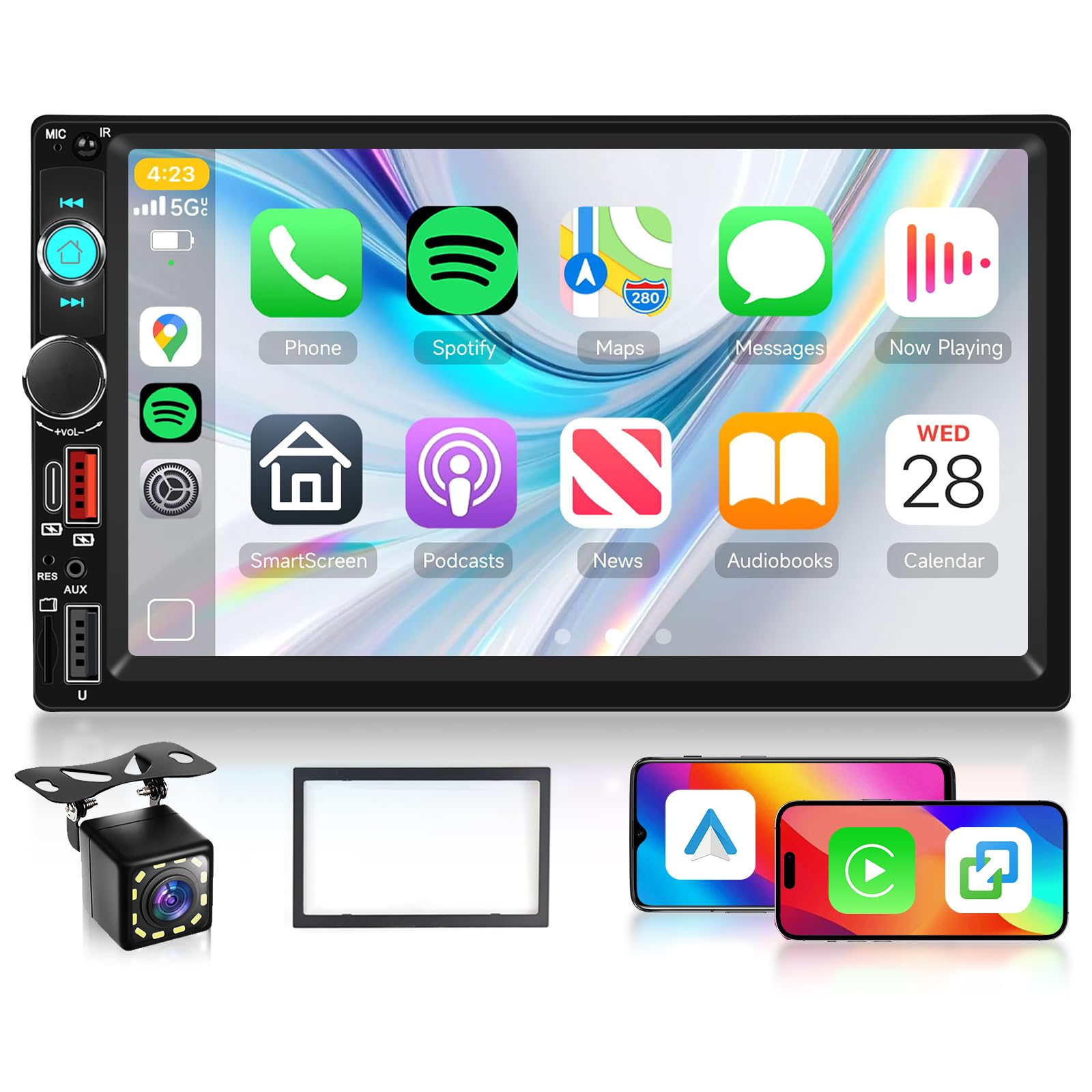 Radio de Coche 2 DIN con CarPlay Inalámbrico Android Auto, Hodozzy Pantalla Táctil Coche de 7 Pulgadas con Bluetooth Reproducción de Vídeo MirrorLink/SWC/FM EQ USB AUX Tipo-c, Cámara