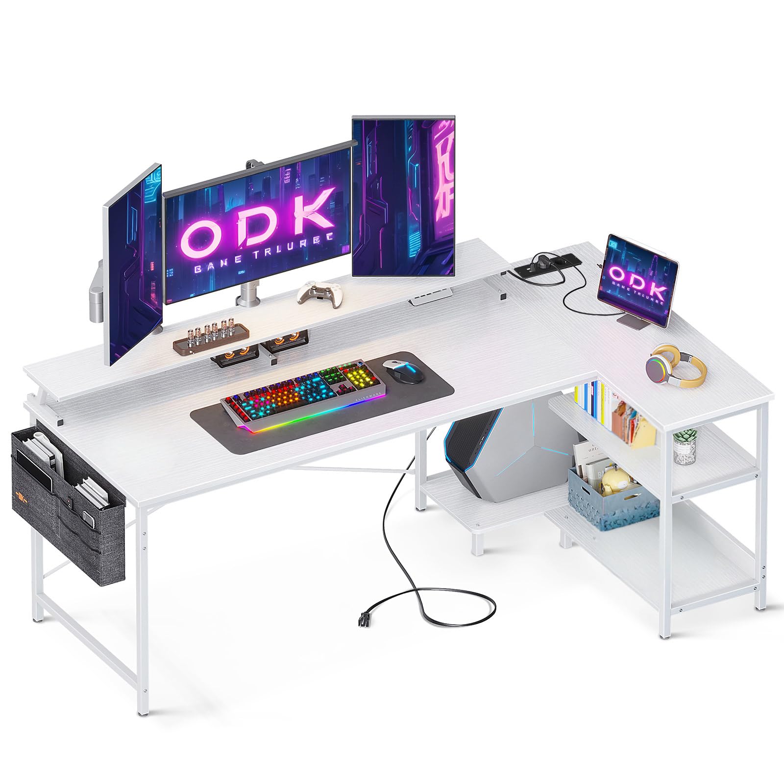 ODK Escritorio Esquinero Blanco con Estanteria, Mesa Escritorio con Puerto USB y Toma de Corriente, Escritorio de Ordenador para Gaming en L, Mesa Oficina con Soporte de Monitor (168x80cm)