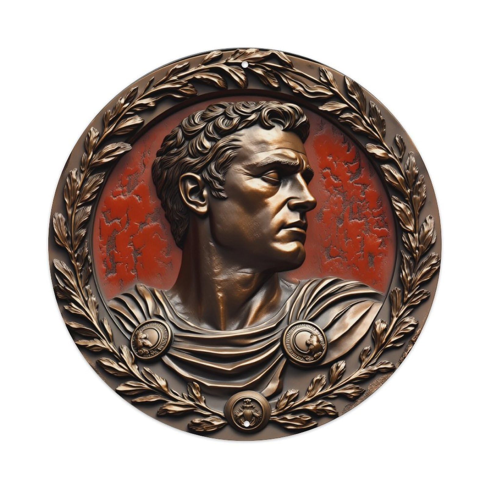 Bronze Relief Portrait Laurel Wreath Round Tin Sign Vintage Metal Poster, Home Bar Garage Man Cave Cafe Indoor & Outdoor Wall Decoration 8x8Inches