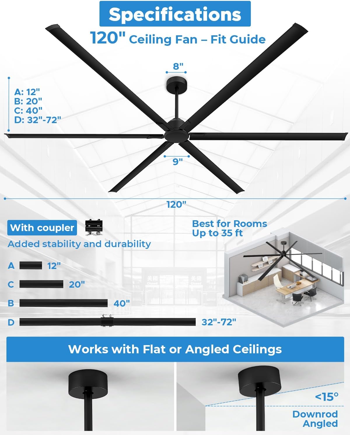120 inch hvls industrial ceiling fan, extra large commercial ceiling fan with aluminum blades, reversible dc motor, remote control, 3 downrods, big assed heavy duty for shop warehouse gym garage black 120 inch