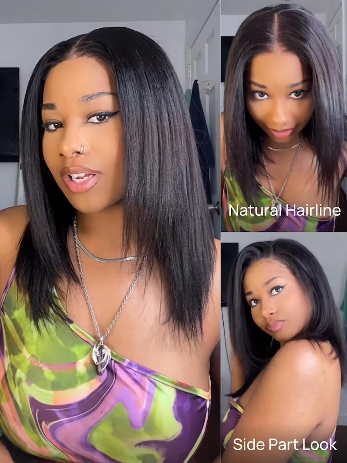 Yaki Parrucca Donna Senza Colla 4x4 Lace Front Wig Human Hair Wear and Go Glueless Wigs Human Hair Pre Plucked Pre Cut for Beginner 180% Density Lace Closure Wigs 16 Pollici