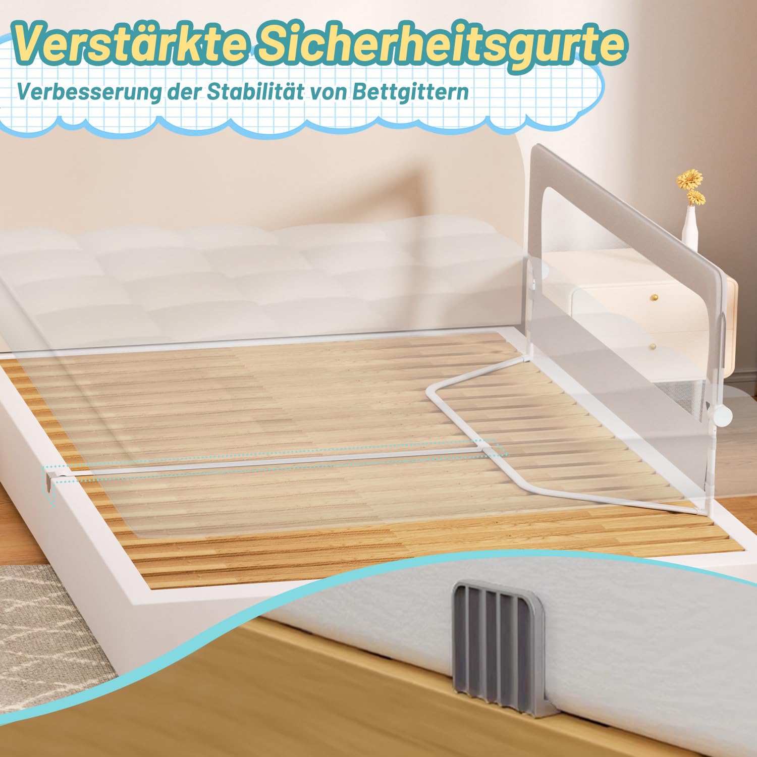 Bettschutzgitter 200×68 cm Rausfallschutz Bett – extra breites halb klappbares Bettgitter für Baby & Kleinkind, höhenverstellbar 72–86 cm, Stabiler Trapezfuß, 300G Oxford-Stoff, Grau