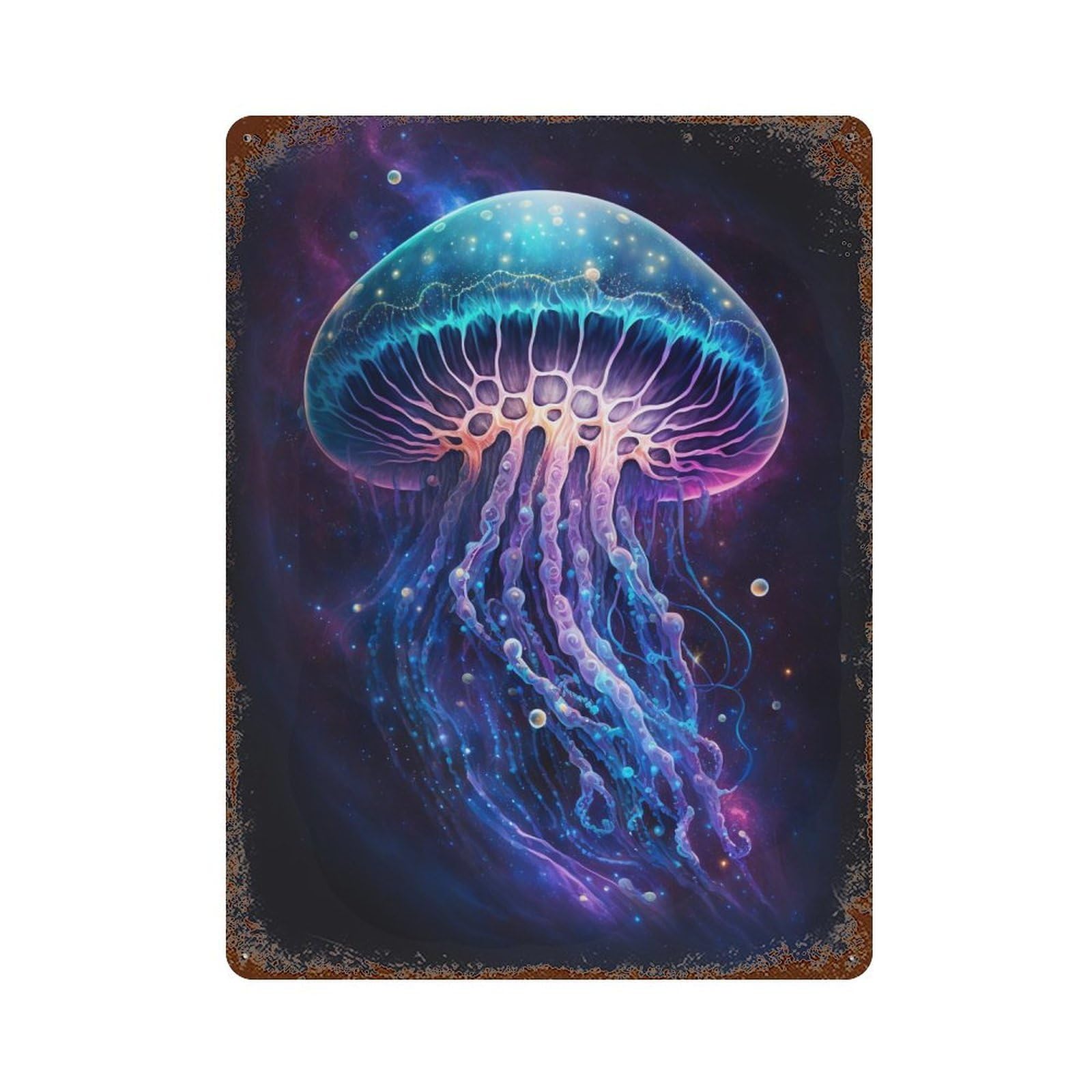 Glowing Jellyfish Art Print-1 15.7"x11.8" Distressed Metal Wall Sign, Shabby Chic Decor for Shed, Workshop And Garage Wall Decor