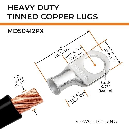 Miniatura 338 de SELTERM - Terminal en anillo de grado marino UL 2/0 AWG 3/8 pulgadas (25 uds) para batería, terminal tubular de cable eléctrico, conector calibre