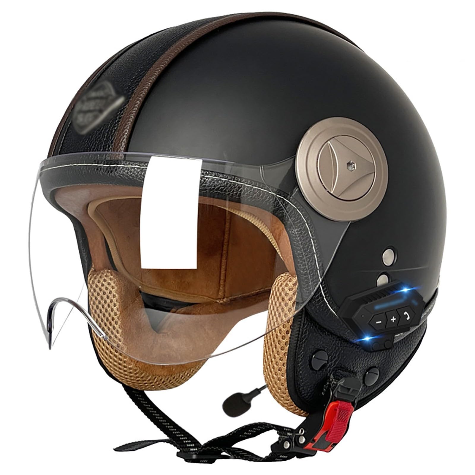 Certyfikat DOT/ECE, lekki kask motocyklowy z Bluetooth, otwarty kask motocyklowy z wizjerem, kask motocyklowy retro 3/4 dla mężczyzn i kobiet, pół-sezonowy B, M/(55 ~ 56 cm)