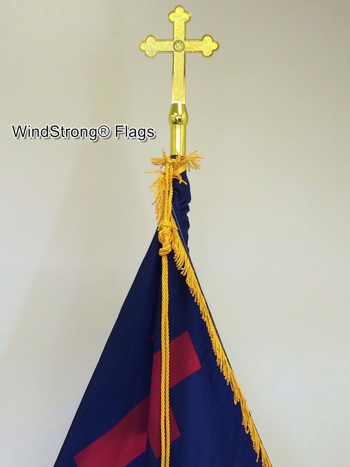 7 FT Combo Deluxe US American and Christian Indoor Flag Pole Set With Gold Fringed Windstrong Flags, Eagle, Cross, Gold Base, Oak Flagpole, Tassels