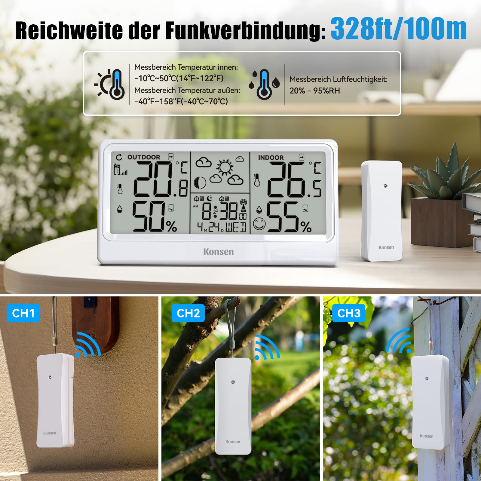 Konsen Funk-Wetterstation mit Außensensor – DCF Funkuhr, Digitales Thermo-Hygrometer (Batteriebetrieb) für Innen/Außen mit Wetterprognose, in Weiß