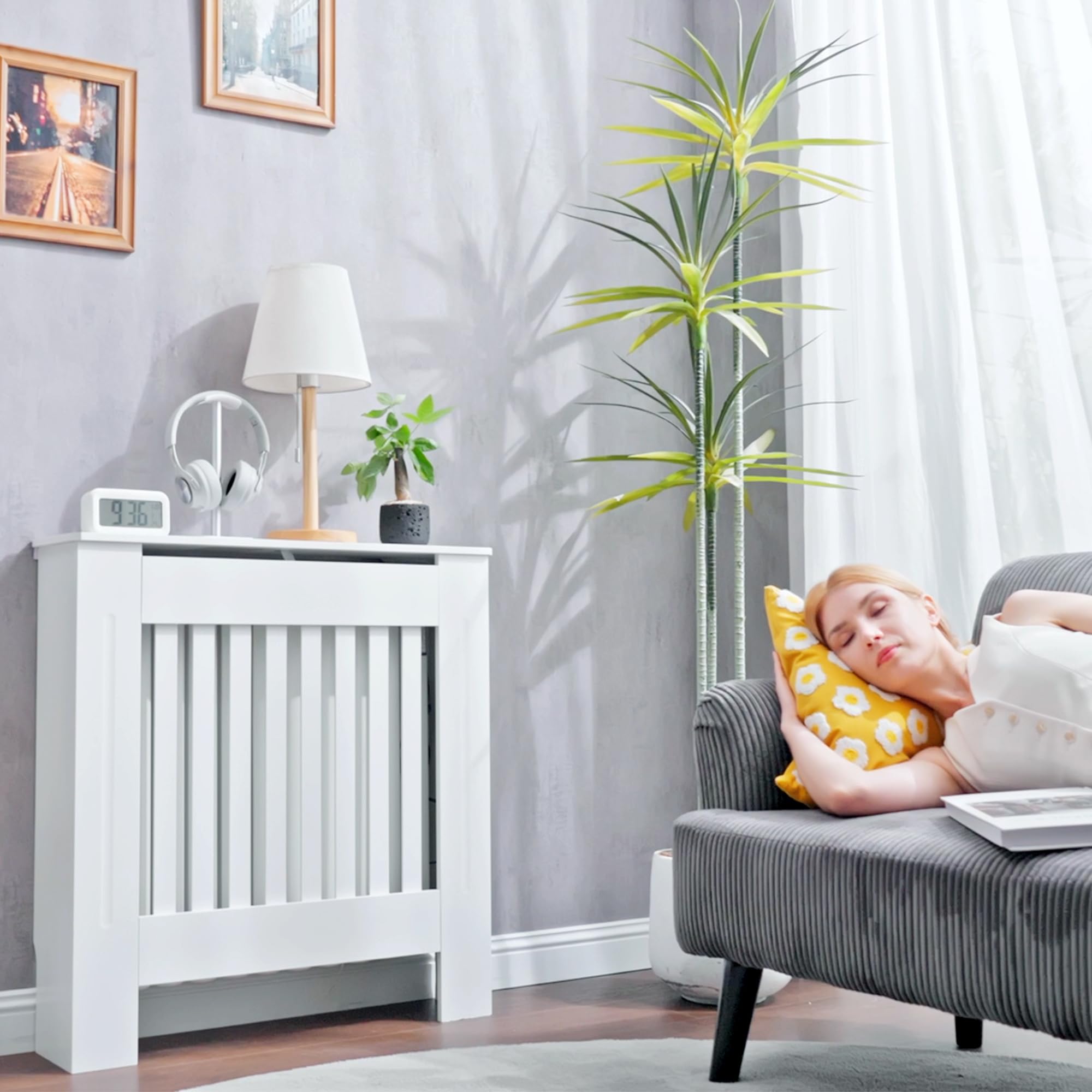HOMCOM Cache-radiateur Couverture Radiateur 78L x 19l x 81H cm Blanc | Grille d'aération Verticale à Lattes, En Bois
