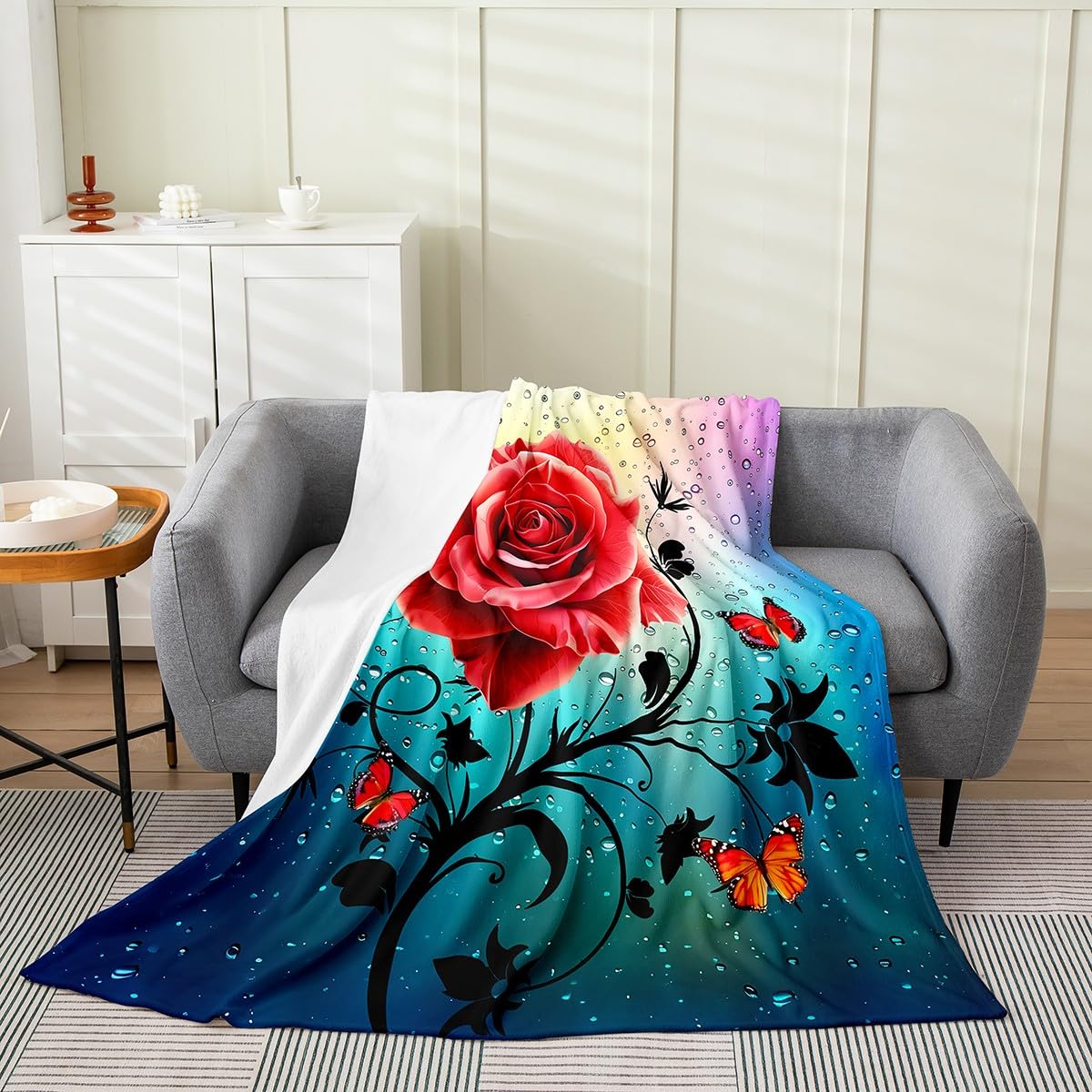 Homemissing Red Rose Flannel Fleece Throw Blanket for Adult Boys Girls Red Butterfly Plush Blanket Queen 90"x90" Omber Water Romantic Floral All Season Bed Blanket