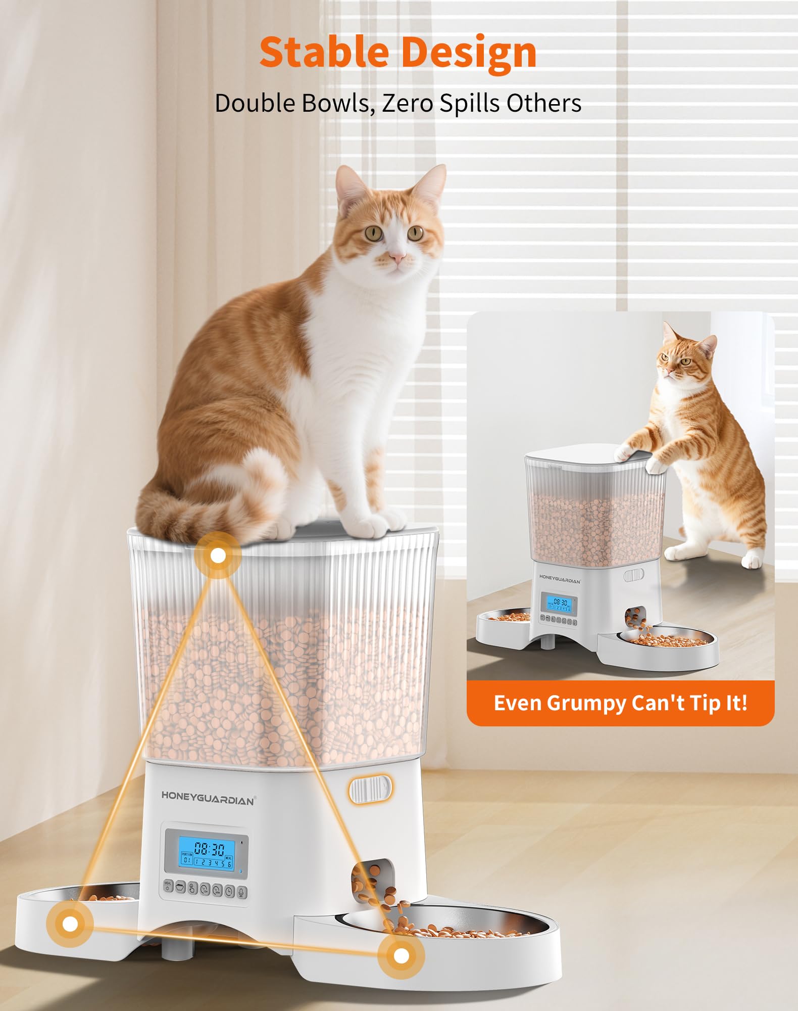 HONEYGUARIDAN Alimentatore automatico per gatti 2 gatti, alimentatore automatico per gatti da 3,5 L con timer, controllo delle porzioni programmabile (1-6 pasti al giorno), registrazione accompagnata