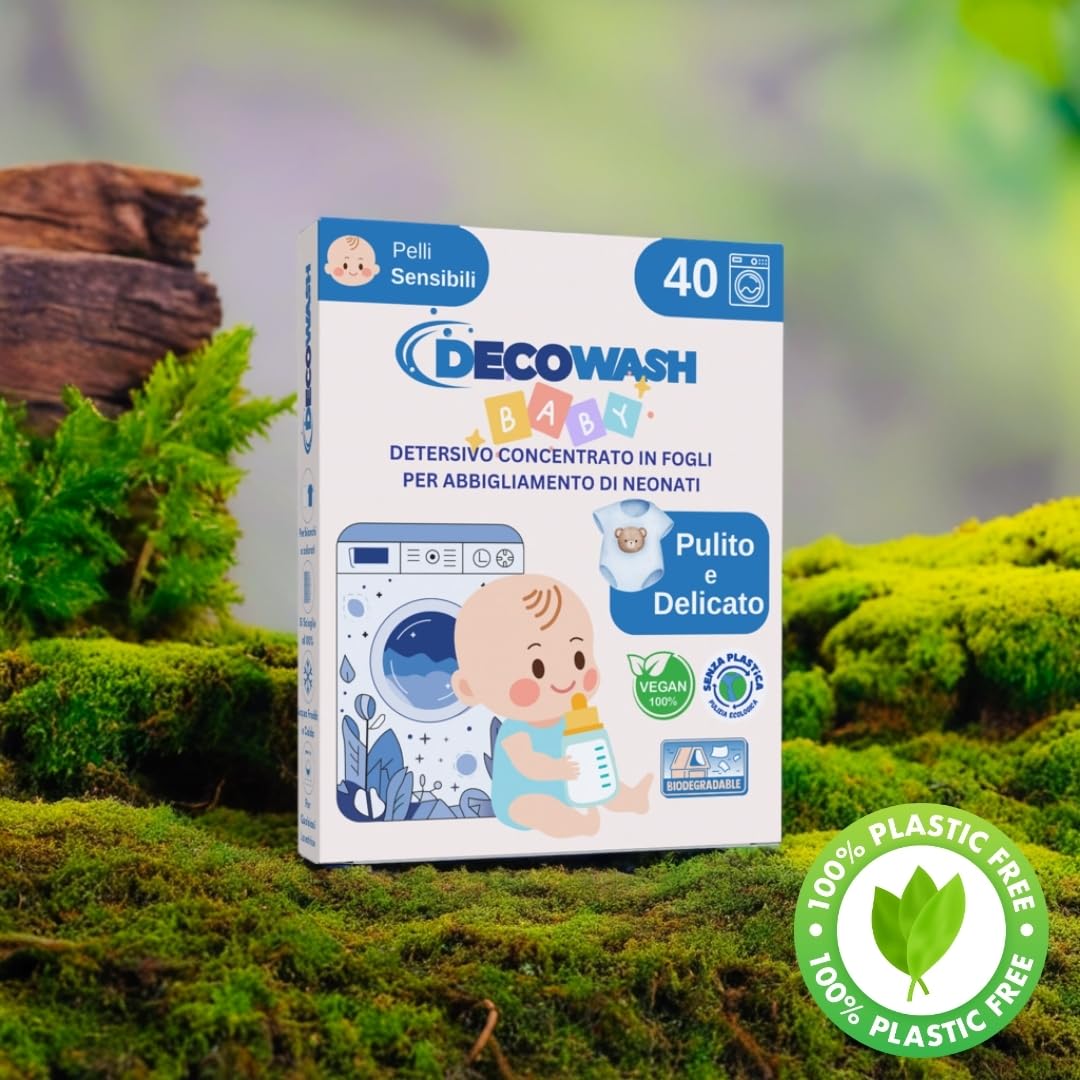 Detersivo in Fogli per Neonati (400 fogli, fino a 800 usi) - Senza Profumazione, Ipoallergenico, Biodegradabile, Vegano. Delicato su pelli sensibili, senza plastica. Confezione da 10 unità.