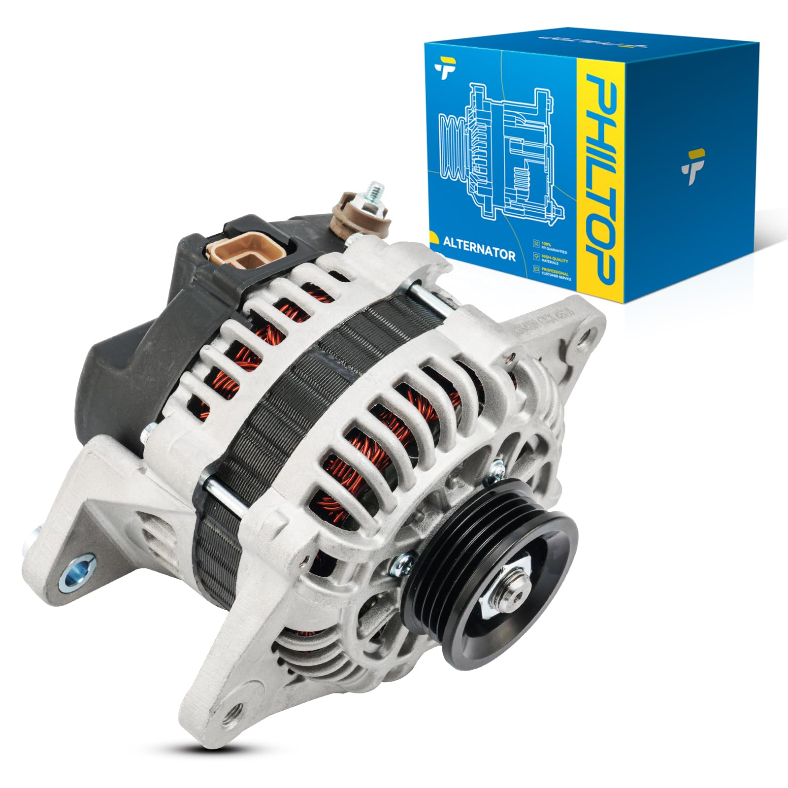 PHILTOP 13948N New Alternator Fit for 2001-2005 Kia Rio,2000-2004 Spectra 1.8L,1999-2001 Sephia,80Amp Replace 138638,90241000,OK30D18300,13948,RK30D18300U,13863,13936,90241002,13948N,0K30D18300,139488