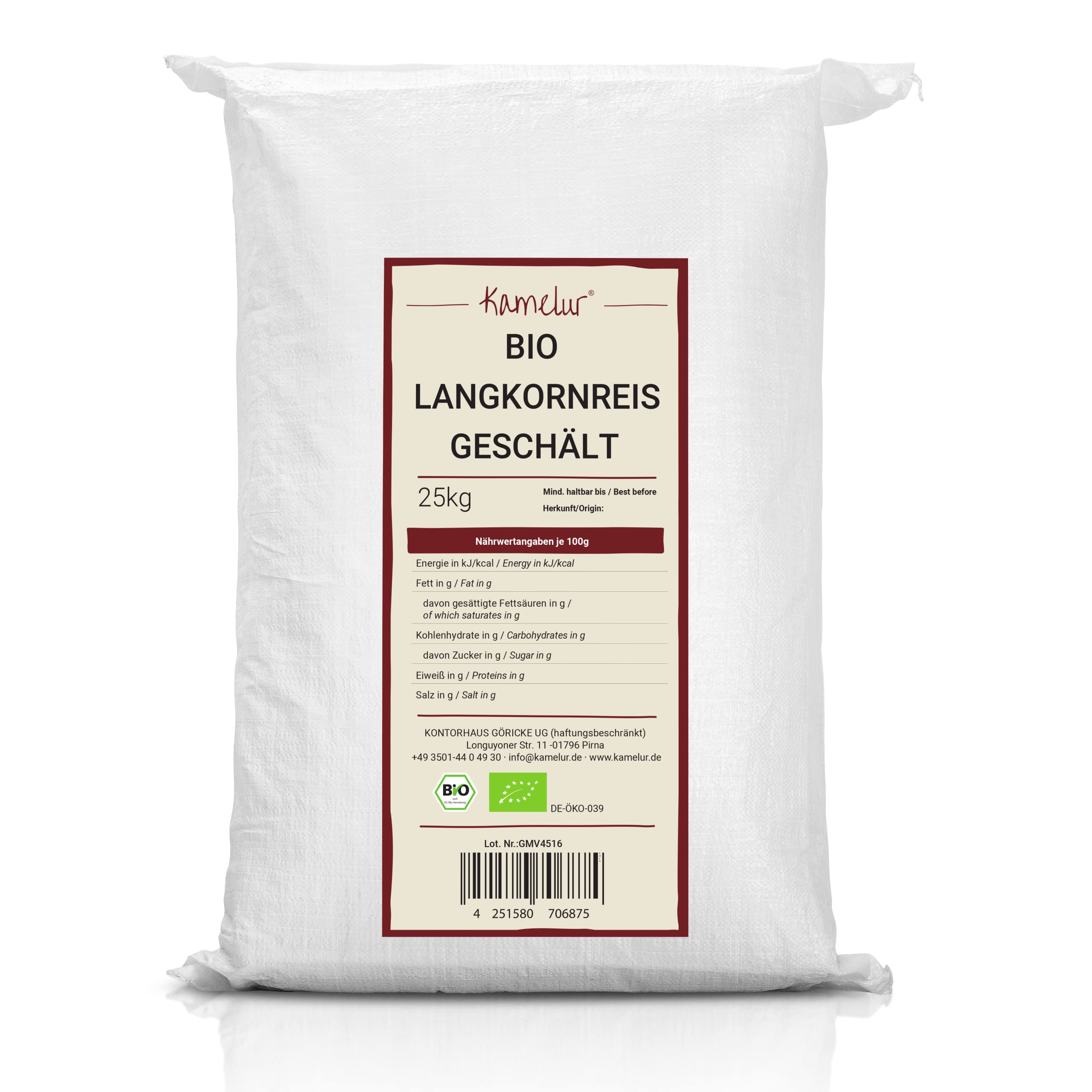 Kamelur 25kg BIO Langkornreis weiß geschält – ohne Zusätze – in der Großpackung