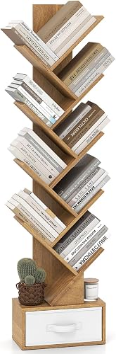 Bibliothèque à 10 Niveaux avec Tiroir Pliant (Naturel) COSTWAY