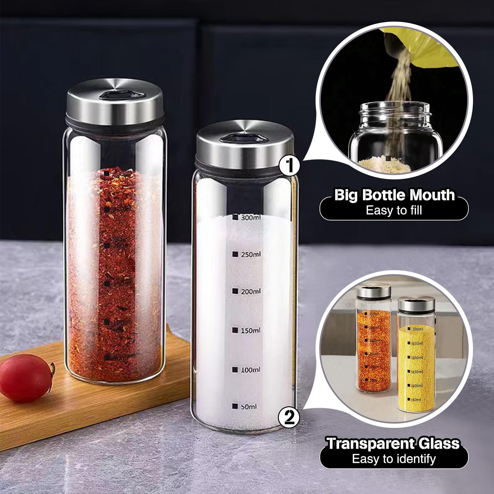 Juego de 2 saleros y pimenteros de cristal, saleros y pimenteros grandes con agujeros de vertido ajustables, tarros de especias recargables con tapa de acero inoxidable, accesorios de cocina