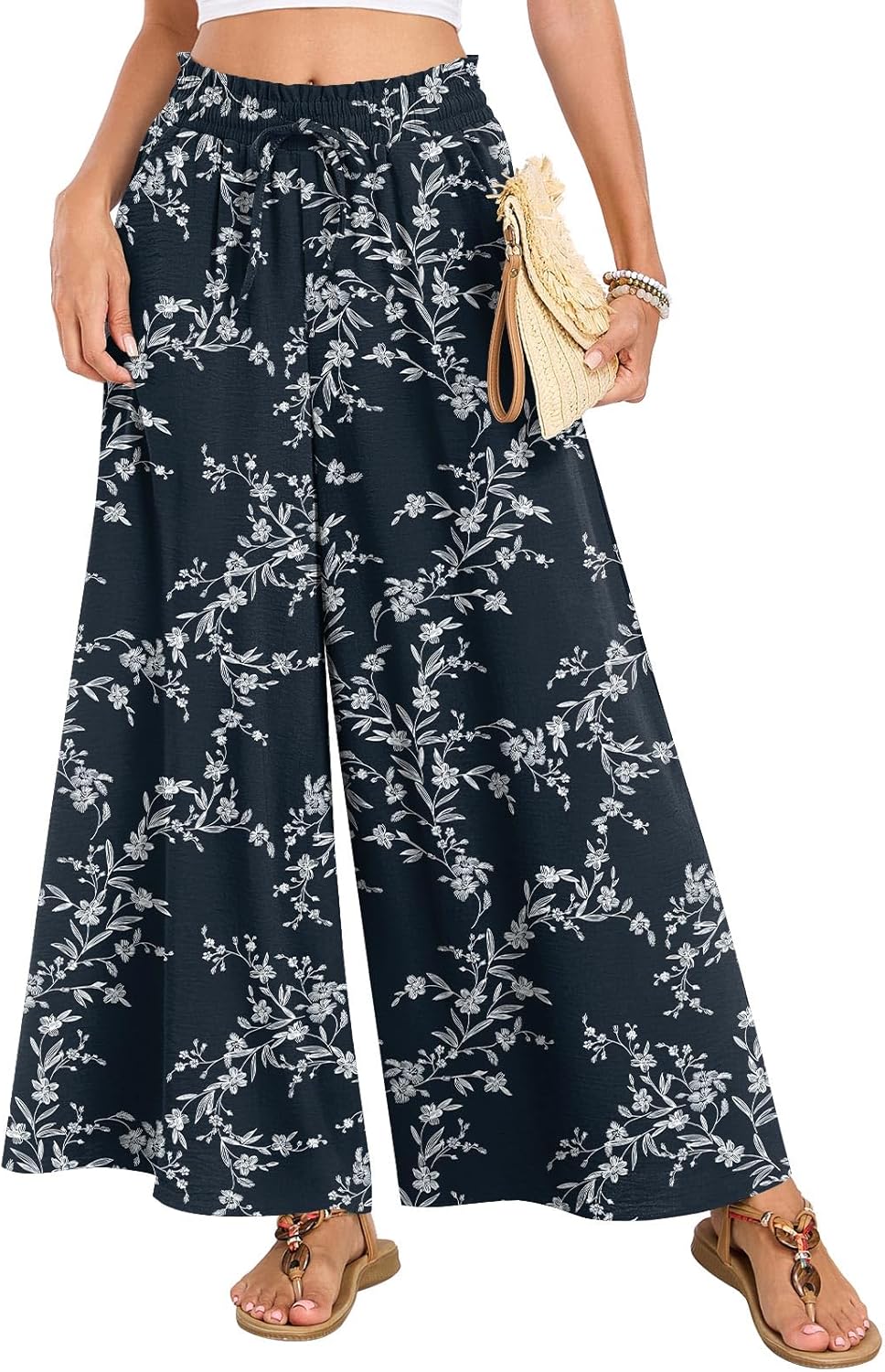 Netsmile Women's Wide Leg Palazzo Pants Dressy Flowy Casual High Waist Drawstring Beach Boho Trousers with Pockets - Image 2