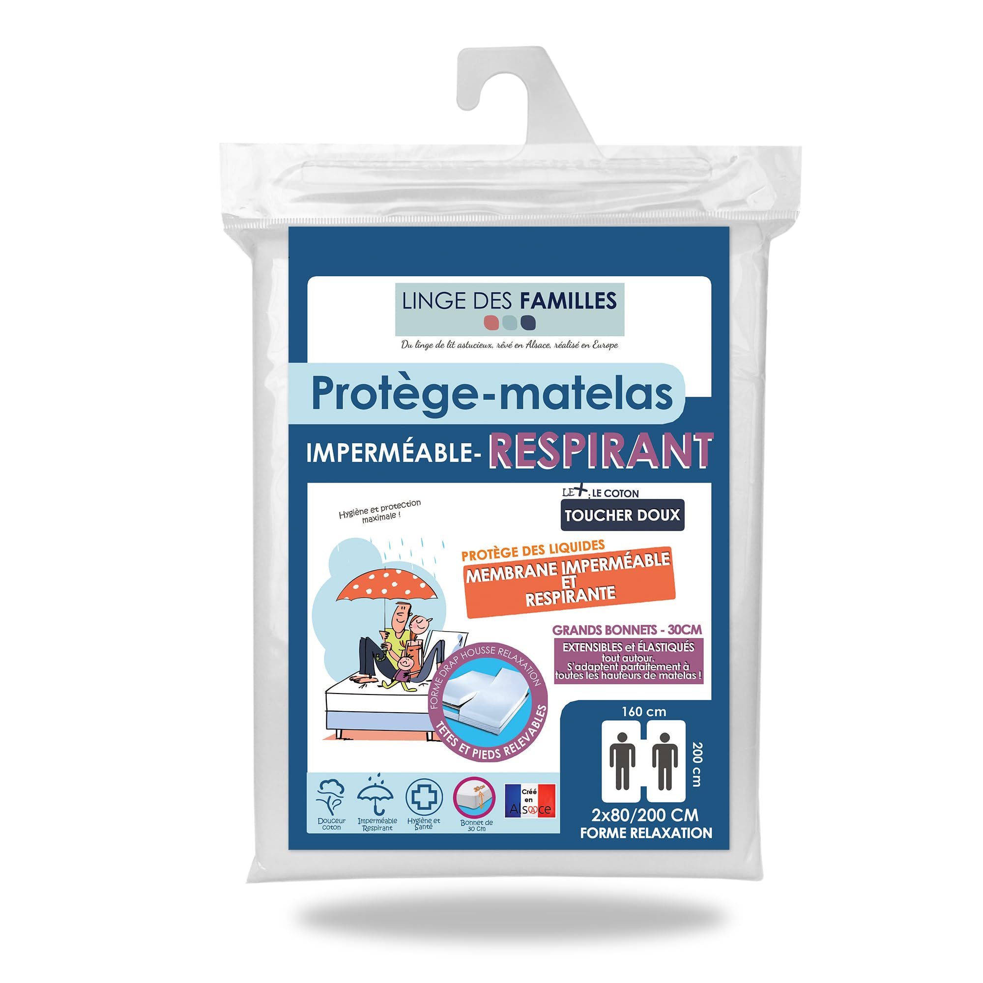 Linge des Familles – Protector de colchón de cama articulado 2 x 80 x 200 cm, impermeable y transpirable, – Protector de cama eléctrico 160 x 200 – Gorro de 30 cm – Label Oeko-TEX® Standard 100 – Made