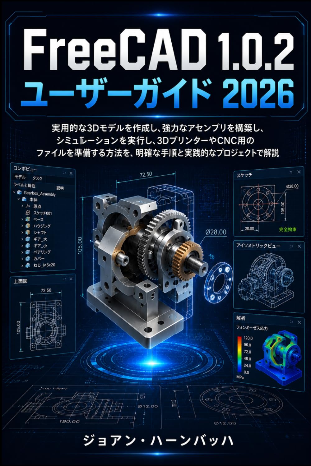 FreeCAD 1.0.2 ユーザーガイド 2026: リアルな3Dモデルの構築、堅牢なアセンブリの作成、シミュレーションの実行、3DプリントやCNC加工用のファイル準備 – 明確な手順と実践的なプロジェクトで学ぶ