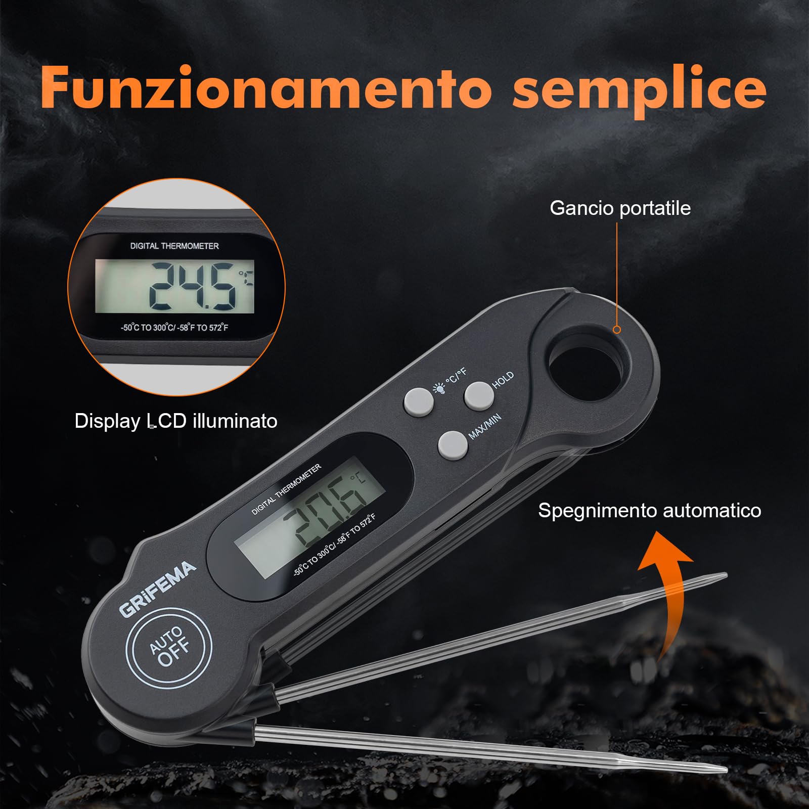 GRIFEMA GA2801 Termometro da Cucina Pieghevole Digitale per Alimenti Nero