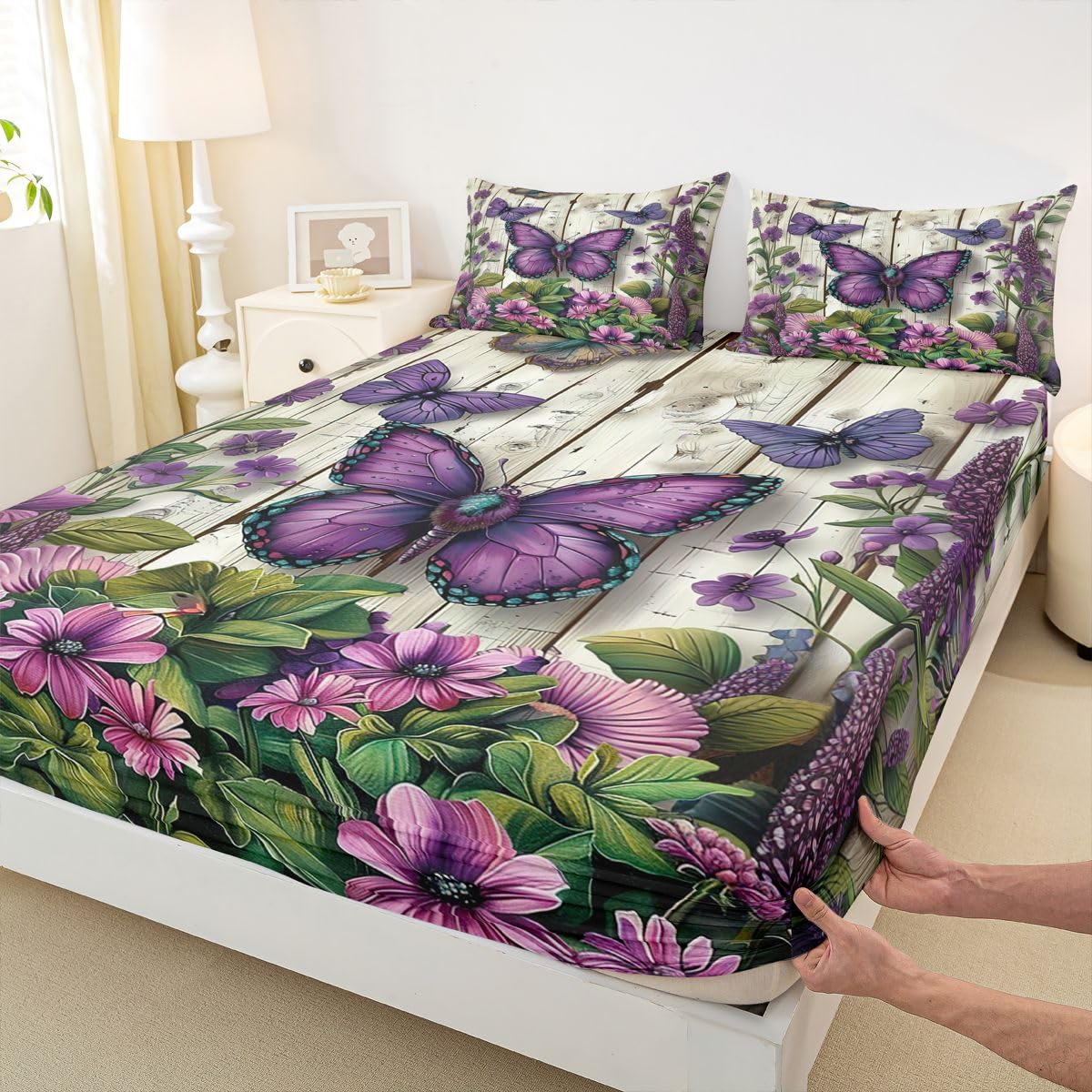 Manfei Sábana bajera ajustable con diseño de mariposas, tamaño King, juego de ropa de cama de flores rústicas, 3 piezas, estilo primaveral, con 2 fundas de almohada, decoración de habitación de niños