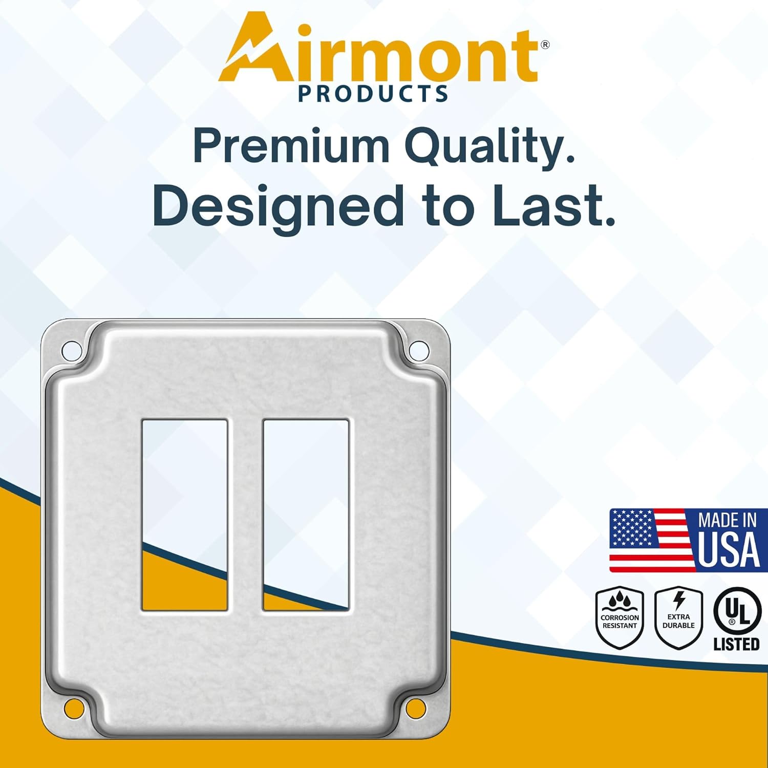 Powder-Coated Double Rocker Switch 4" Square Electrical Box Cover, Decorator, Exposed Work Switch, Crushed Corners, Metal Galvanized Steel 2-Gang Outlet Junction Box Cover