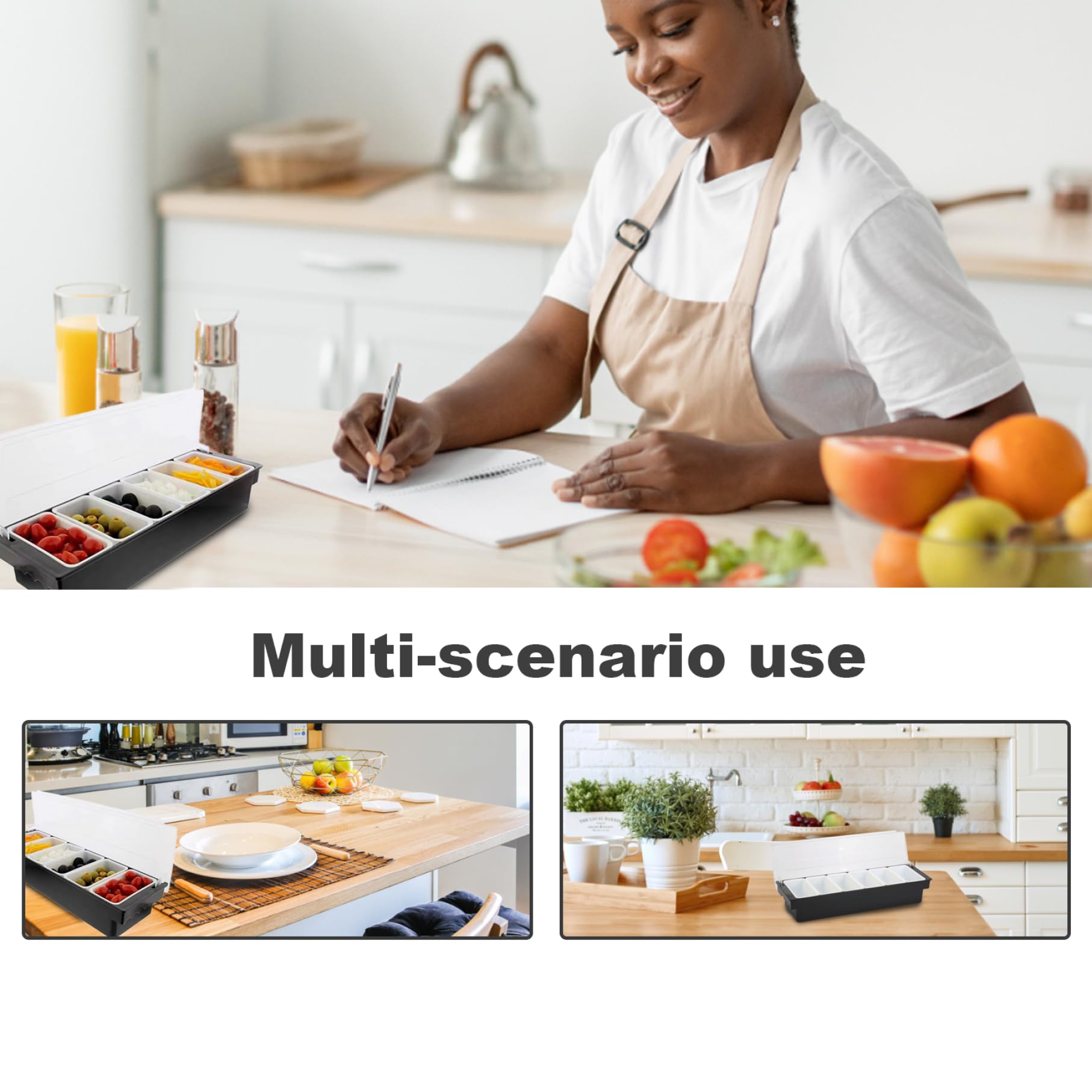 Condiment Organizer, Condiment Holder with Detachable 6 Compartments Plastic Ingredients Condiment Dispenser with Lid Reusable Ice Cooled Pizza Topping Station for Home, Restaurant