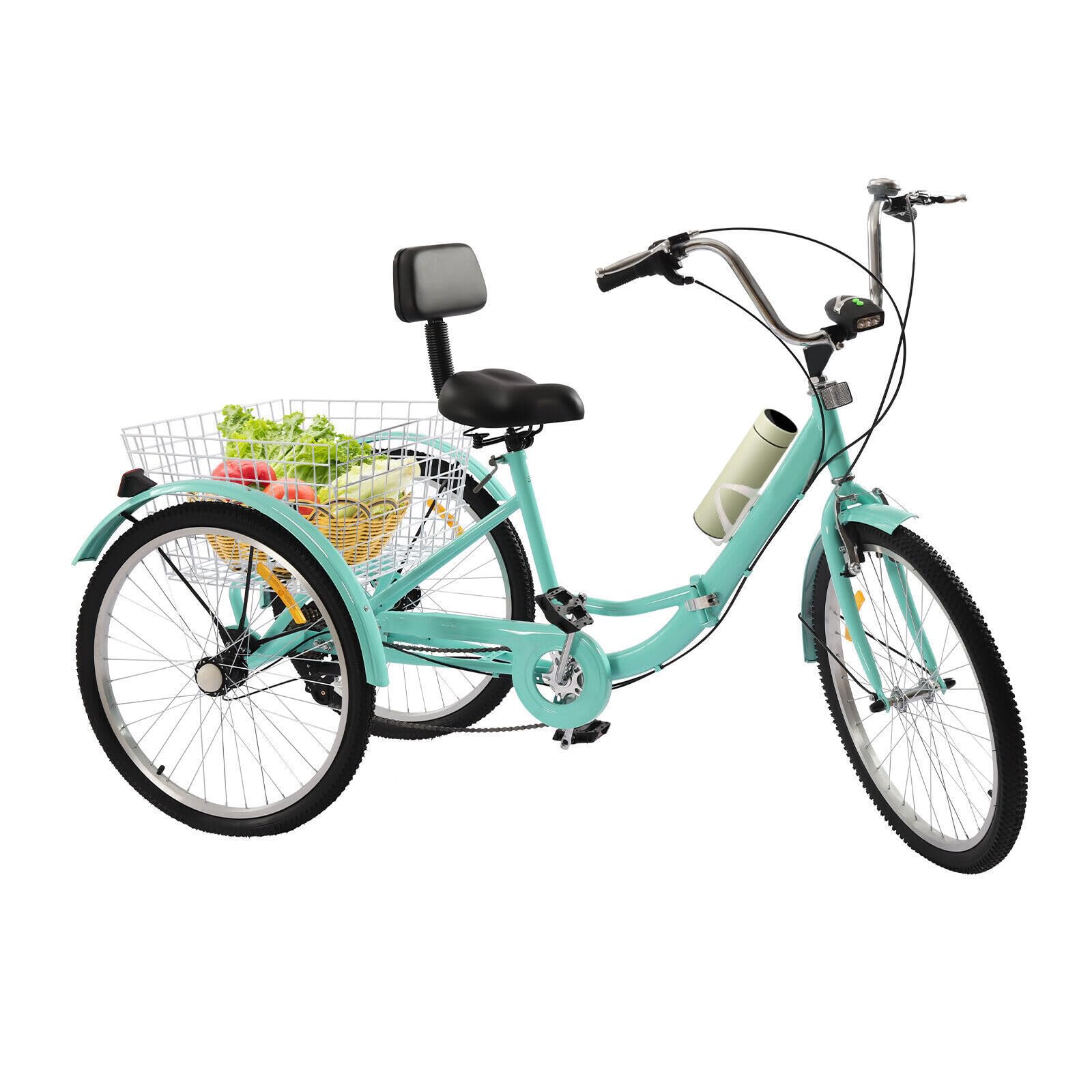 24" triciclo per adulti, triciciclo a 3 ruote, 7 marce con luce a LED, cestino per verdure e portabicchiere, triciclo pieghevole, bicicletta pieghevole, mobilità per lo shopping, city bike.