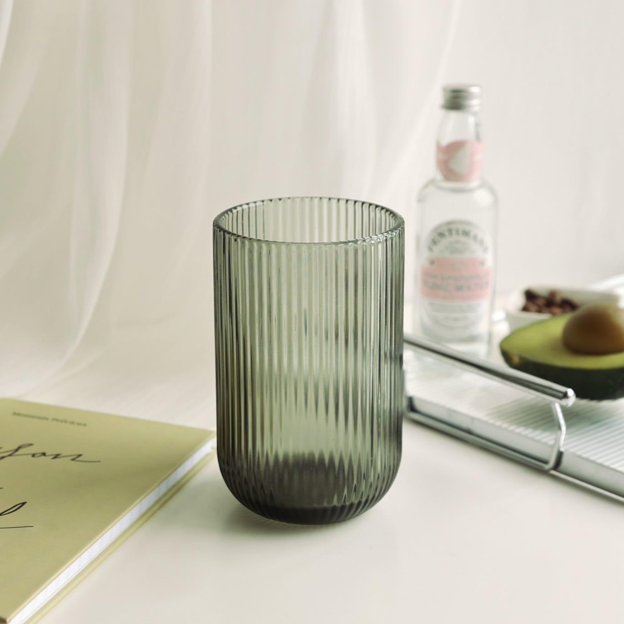 GMMH 6er-Set Geriffelte Trinkgläser und Weingläser, Line, Linie Geriffelt, Ribbed, Glas, Longdrinkgläser, Cocktail Gläser mit Prägung, Trinkglas, Weinglas, Wasserglas (Grün Trinkglas)