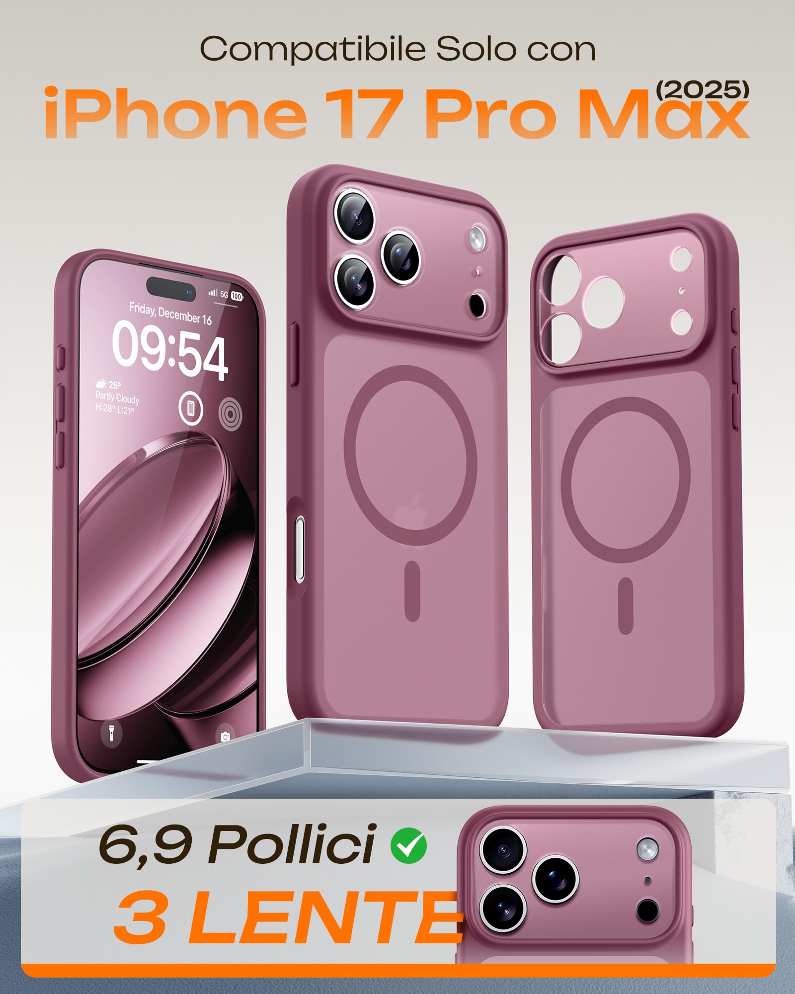 TOCOL Cover Magnetica per iPhone 17 Pro Max 6,9 Pollic, Compatibile con MagSafe, Anello Magnetico Incorporato, Protezione Fotocamera Integrata, Custodia Antiurto Traslucida Opaca, Prugna